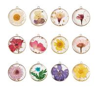 PH PandaHall CHARM 12Pcs Dried Flowers Pendant for Jewelry Making, DIY Necklace Bracelet, Clear Resin, Gold Accents, Valentine's Day Gift