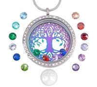 PH PandaHall Family Tree of Life Floating Locket, Memory Locket Charm with Stainless Steel Snake Chain Necklace 12 Birthstones Crystal Dangle Charms for Wedding Bridal Grandmother Grandma Mother Day
