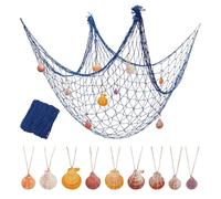 PH PandaHall Fish Net Wall Decoration 2x1m Nautical Decor Ocean Themed Blue Cotton Fishing Net with 9pcs Natural Colorful Seashells for Party Birthday Christmas Bedroom Decoration