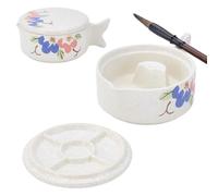 PH PandaHall Fish Shape Chinese Calligraphy Inkwell Porcelain Ink Dish Flower Pattern Ceramic Ink Plate with Brush Holder Multifunctional Bowl for Calligraphy Painting Chinese Japanese Practice