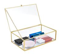 PH PandaHall Glass Jewellery Box Keepsake Box with Hinged Lid, Golden Glass Lidded Box Clear Cosmetic Storage Box for Jewellery Reception Gift Cards Photo Memory Trinkets Holder, 9.8"x5.9"x2.8"