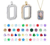 PH PandaHall Golden Locket Necklace Charm Platinum Floating Pendant Rectangle Memory Pendants Glass Locket Pendant with Heart Flower Glass Cabochon for DIY Wedding Necklace Jewelry(Without Chain)