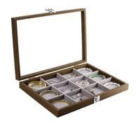 PH PandaHall Jewellery Organizer, 12 Grids Wooden Earring Ring Holder Organizer Velvet Jewellery Tray Storage Case with Glass Clear Lid for Bracelets Earrings Rings Display Drawer, Brown