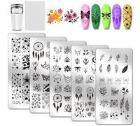 PH PandaHall Nail Stamping Plate Kit with Silicone Nail Stamper, 5pcs Fantasy Feather Dreamcatcher Art Templates Nail Art Stencils Stainless Steel Image Plates with Scraper Tool for Manicures Salon