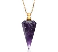 PH PandaHall Natural Amethyst Essential Oil Diffuser Necklace Hexagonal Pointed Perfume Vial Faceted Cone Crystal Bottle with Golden Cable Chain Purple Stone Necklace for Women Jewellery