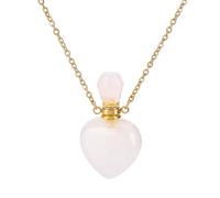 PH PandaHall Natural Rose Quartz Perfume Bottle Necklace, Heart Shape Essential Oil Diffuser Bottle Real Quartz Crystal Stone Necklace Golden Chain for Women Jewellery, Pink, 1 Piece