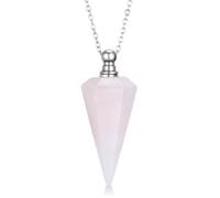 PH PandaHall Natural Rose Quartz Perfume Vial Charm Hexagonal Pointed Essential Oil Diffuser Necklace Faceted Cone Crystal Bottle Pendants with Stainless Steel Chain Pink Stone Necklace for Women