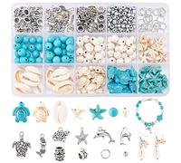 PH PandaHall Oceans Jewellery Making Kit, 292pcs Starfish Shell Beads Turtle Charms Blue Sea Beads Mermaid Dolphin Pendants for Summer Jewellery Making Bracelet Earrings Necklace Craft