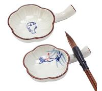 PH PandaHall Porcelain Ink Dish with Handle for Chinese Calligraphy Sumi-E Painting, Flower Shape Brush Holder