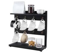 PH PandaHall Rustic Mug Tree Holder Stand 2 Tier Wood Countertop Rack Black Coffee Cup Organizer Shelf Holds 8 Mugs for Kitchen Coffee Bar Home Dining Room Decoration, 14.9x14x15.7 inch