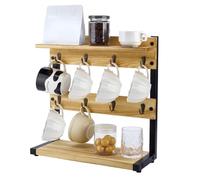 PH PandaHall Rustic Mug Tree Holder Stand 2 Tier Wood Countertop Rack Burlywood Coffee Cup Organizer Shelf Holds 8 Mugs for Kitchen Coffee Bar Home Dining Room Decoration, 14.9x14x15.7 inch