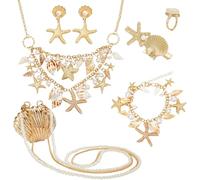 PH PandaHall Seashell Starfish Jewellery Set Mermaid Jewellery Summer Shell Pearl Collar Bib Statement Necklace Bracelets Earrings Ring Hair Clip Crossbody Bags for Women Sea Costume Accessories