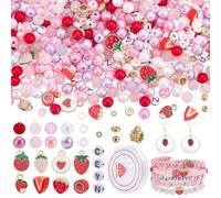 PH PandaHall Strawberry Red Pink Beads for Jewellery Making, White Acrylic Beads Enamel Pendant Round Gold Spacer Bead with Elastic Thread for Christmas Stackable Friendship Bracelets Making