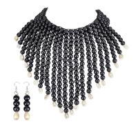 PH PandaHall Wooden Beaded Necklaces and Earrings Boho Jewellery Set African Statement Necklaces Layered Chunky Necklace Black Dangle Earring Collar Choker with Shell for Women Costume Jewellery Gifts