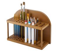PH PandaHall Wooden Paint Brush Holder with 39 Slots Brown Rustic Organizer for Painting Art Supply Storage Home Office School Desk Decor