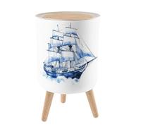 PHAIBHKERP Trash Can with Lid Watercolor Hand Drawn Nautical Marine Sailing Ship Garbage Can Round Waste Bin Press Cover Dog Proof Wastebasket for Kitchen Bathroom Living Room Nursery 1.8gal