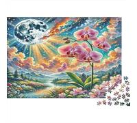 Phalaenopsis Orchid Thick Paper Pink Orchids with Moon And Rainbow over River Jigsaw Puzzle Bundle Boredom Buster Puzzle Gift 52x38cm/1000pcs