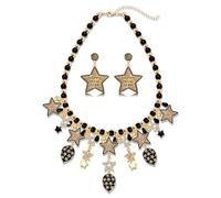 PHALIN Happy New Year Necklace Earrings for Women Black Gold Beaded Necklaces Balloon Star Pendant Necklace Dangle Earrings New Year’s Eve Party Favors Gifts for Women, Acrylic, No Gemstone