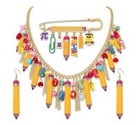 PHALIN Teacher Jewelry Set for Women Teacher Necklace Bracelet Earrings Brooch Yellow Pencil Red Apple Pendant Necklace Teacher Appreciation Gifts Back to School Outfits, Zinc, No Gemstone