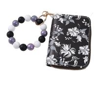 Phamines Floral Wallet Bracelet Keychain, Accordion Pocket Card Holder Beaded Silicone Wristlet Key Holder Key Ring Women, Black Flower, One Size