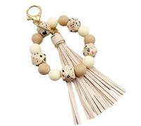 Phamines Silicone Beaded Keychain Bracelet Key Ring with Leather Tassel,Leopard Key Chain Holder Wristlet Bangle for Women, Beige Rock, One Size