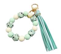 Phamines Silicone Beaded Keychain Bracelet Key Ring with Leather Tassel,Leopard Key Chain Holder Wristlet Bangle for Women, Green Rock, One Size