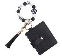 Phamines Silicone Paw Beaded Bracelet Wallet Credit Card Holder ID Window Key Ring Tassel Car Key Women Wristlet Keychain Purse, Black, One Size