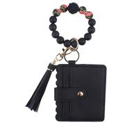 Phamines Wristlet Keychain Card Holder Wallet, Silicone Beaded Daisy Key Ring Key Holder Bracelet ID Window Wallet for Women, Black, One Size