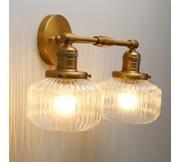 Phansthy Industrial 2 Heads Sconces Wall Lighting, Ribbed Glass Wall Lights for Bedroom Loft Kitchen Stairway Living Room Dining Room (Antique Gold)
