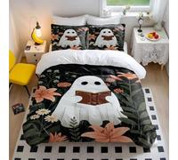 Phantom Reading Night Floral Duvet Cover Set, Dreamy Flower and Cute Ghost Pattern Bedding, 3pcs for Kids Room (01,King 240x220cm+65x65cm*2)