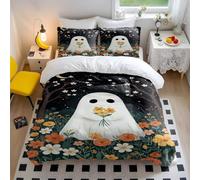 Phantom Reading Night Floral Duvet Cover Set, Dreamy Flower and Cute Ghost Pattern Bedding, 3pcs for Kids Room (04,King240x220cm+50x75cm*2)