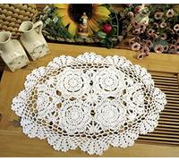 Phantomon Handmade Crochet Cotton Lace Placemats Doilies Cloth Crochet Coasters, Pack of 4, Oval Shape, White, 12 x 17 inch (White)