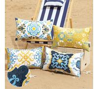 Phantoscope Set of 4 Outdoor Waterproof Throw Decorative Pillow Cover Geometric Boho Farmhouse Outdoor Pillows Cushion Case for Patio Furniture Tent Sunbrella, Blue and Yellow 12x20 Inches
