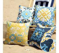 Phantoscope Set of 4 Outdoor Waterproof Throw Decorative Pillow Cover Geometric Boho Farmhouse Outdoor Pillows Cushion Case for Patio Furnitures Tent Sunbrella, Blue and Yellow 18x18 Inches