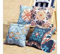 Phantoscope Set of 4 Outdoor Waterproof Throw Decorative Pillow Cover Geometric Boho Farmhouse Pillows Cushion Case for Patio Furnitures Tent Sunbrella, Blue and Orange 18x18 Inches