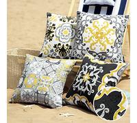 Phantoscope Set of 4 Outdoor Waterproof Throw Decorative Pillow Cover Geometric Boho Farmhouse Pillows Cushion Case for Patio Furnitures Tent Sunbrella, Gray and Yellow 18x18 Inches