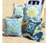 Phantoscope Set of 4 Outdoor Waterproof Throw Pillow Covers,Geometric, Decorative Boho Farmhouse Outdoor Pillows Cushion Case for Home Patio Furnitures Tent Sunbrella, Blue and Green 18x18 Inches