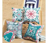 Phantoscope Set of 4 Outdoor Waterproof Throw Pillow Covers, Geometric, Decorative Boho Farmhouse Outdoor Pillows Cushion Case for Home Patio Furniture Tent Sunbrella, Teal/Pink 18x18 Inches