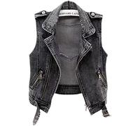 PHARAH Denim Jackets Women, Women'S Denim Vest Jacket Black Ripped Distressed Sleeveless Zipper Jean Biker Coat Retro Distressed Wash Faded Denim Gilet Casual Loose Outwear Tops,S