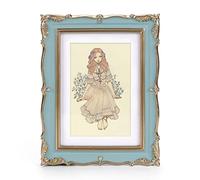 PHAREGE Vintage Picture Frame, Decorative Antique Decorative Frame with Mat for 10 x 15 cm Photo, Elegant Frame for Table or Wall, Portrait or Landscape, 13 x 18 cm, Sky Blue-Gold