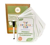 Phase 3 Word Building Phonics Flashcards, Wipeable A6 Educational cards for Children Ages 4+, Laminated with Binder Ring & Pen, Dotted Font & Word Building Frames, Home & School, Sounds Fun Resources