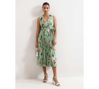 Phase Eight Floral Pleated V-Neck Midi Skater Dress Green Mix