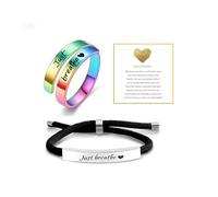phaxud Just Breathe Ring Bracelet Set for Women,Stainless Steel Anxiety meditation Jewelry Inspirational & Heart felt Gift, Stainless Steel, No Gemstone