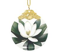 Phayah A Magnolia Plant Pattern Glass Round Shaped Xmas Tree Ornament Gold Metal Buckle For Family New Year Home Souvenirs Gatherings