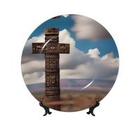 PHAYAH American Cross Totem Pattern Bone China Decorative Plate 6in with Display Stand Dinner Plates for Home Study and Entryway Office Decor