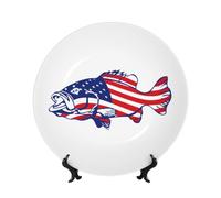 PHAYAH American Flag Patriotic Fishing Printing Bone China Decorative Plate Ceramic Dinner Plates Crafts with Vertical Stand for Home Office Decor 8in