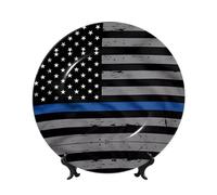 PHAYAH American Thin Blue Line Flag Printing Bone China Decorative Plate Ceramic Dinner Plates Crafts with Vertical Stand for Home Office Decor 7in