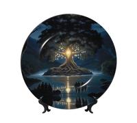 PHAYAH Ancient Tree Of Wisdom Pattern Bone China Decorative Plate Ceramic Dinner Plates Crafts With Vertical Stand For Home Office Decor 6in