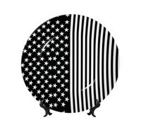 PHAYAH Black and White Us Flag Printing Bone China Decorative Plate Ceramic Dinner Plates Crafts with Vertical Stand for Home Office Decor 6in