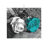 Phayah Black White Teal Gray Rose Flowers Pattern Dish Drying Mat for Kitchen Counter Absorbent, Aesthetics Kitchen Decor 18"X16"